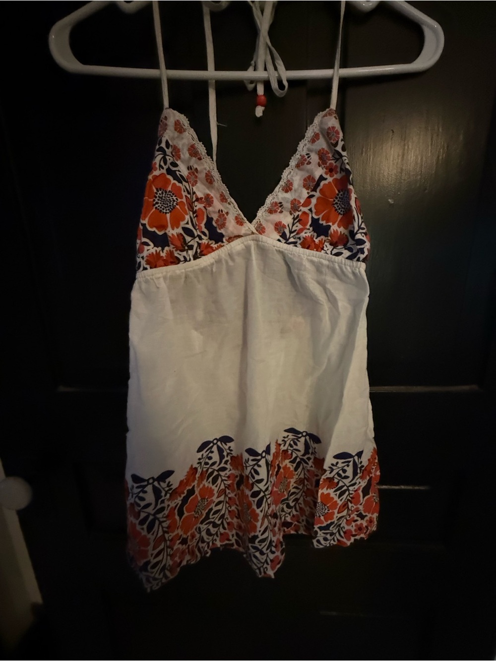 White Floral-Print Halter Tank Top with Orange Accents